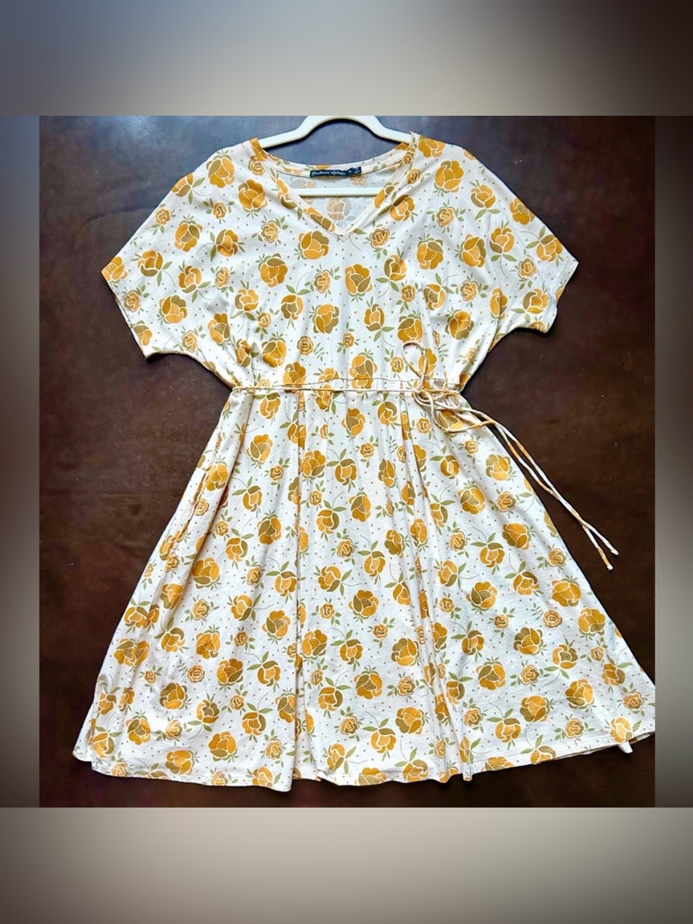 Gudrun Sjoden- 100% cotton yellow + off white floral fit + flare dress- size XL